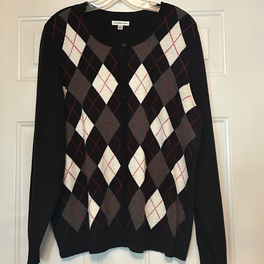 Croft & Borrow Argyle Cardigan Sweater XL Black Button Up Preppy Classic